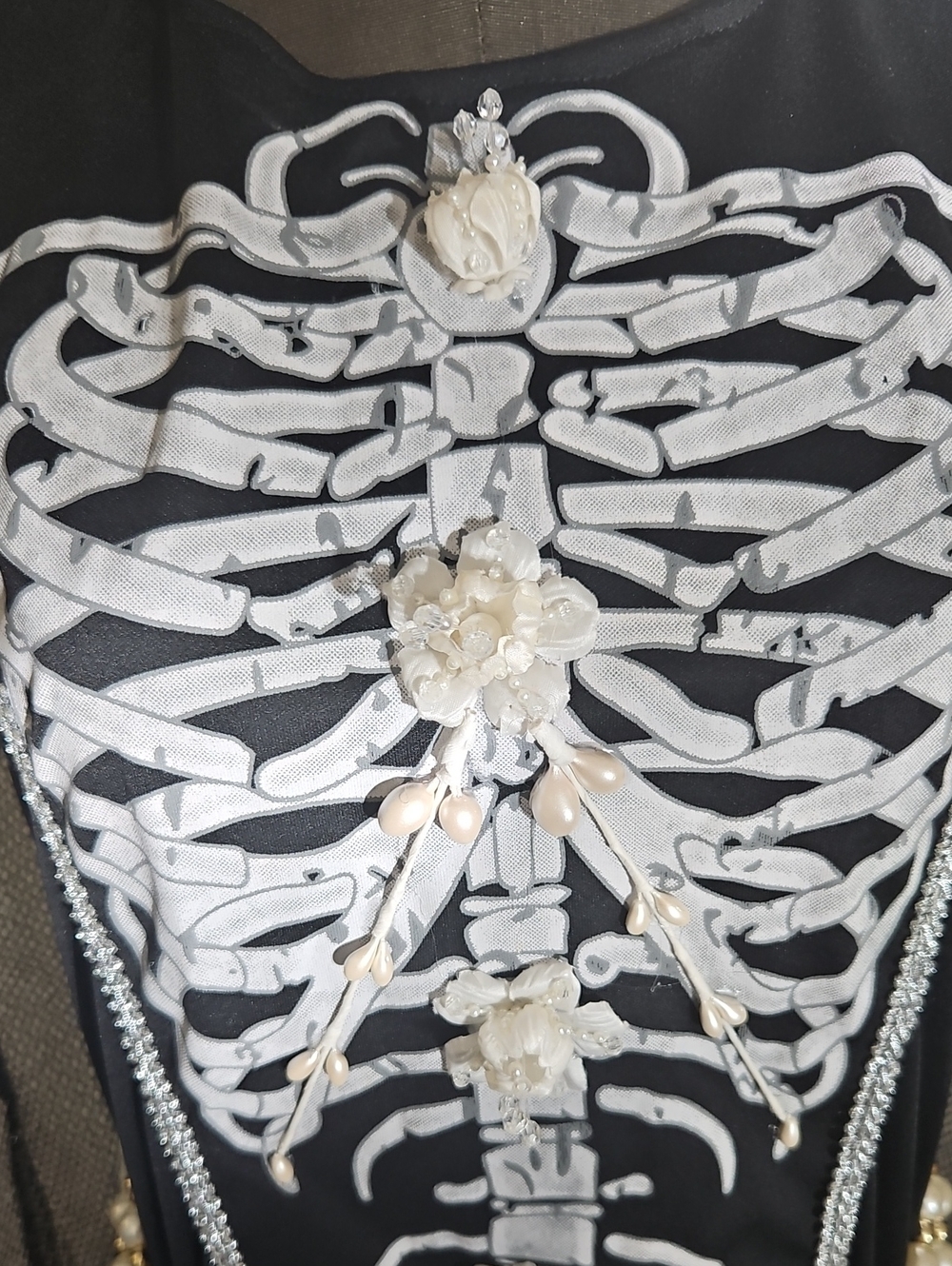 Upcycled Ghost Of Ophelia Gothic Skeleton Costume Black & Silver Gown L - Picture 3 of 15